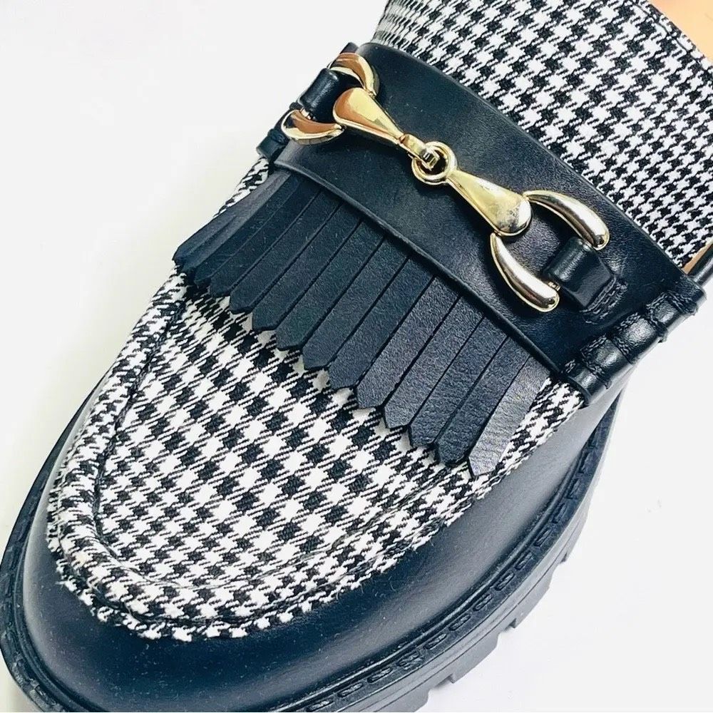 LOFT Houndstooth Lug Sole Loafers Slip On Platform Shoes Black White 8 NEW - Picture 2 of 5